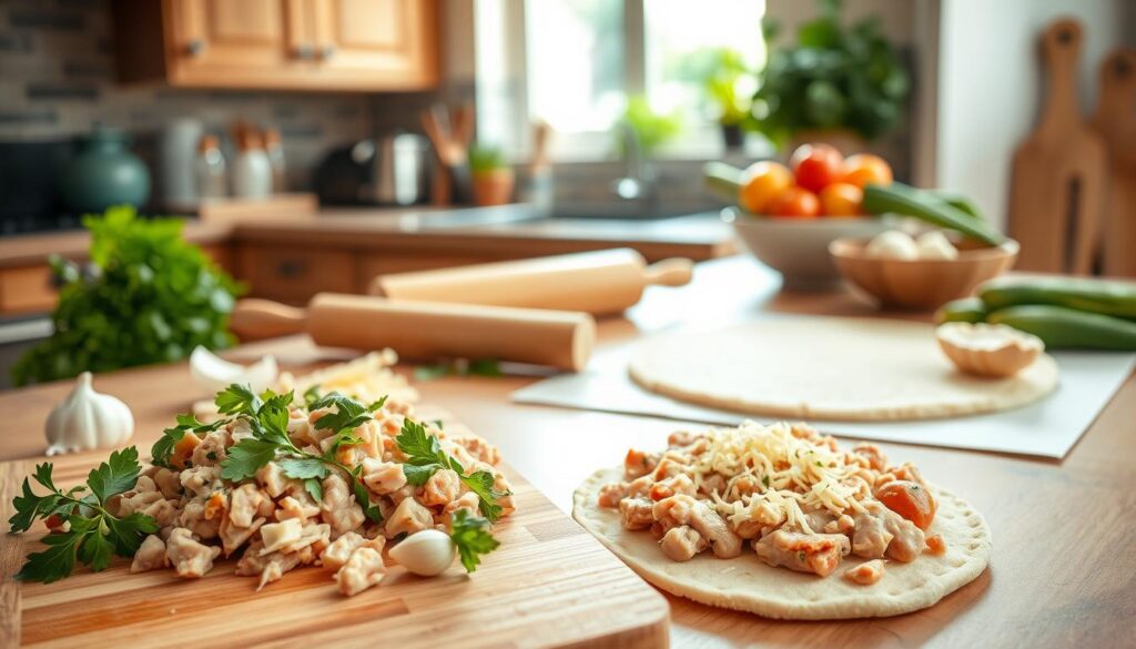 Keto-friendly chicken pizza preparation Keto-friendly chicken pizza preparation